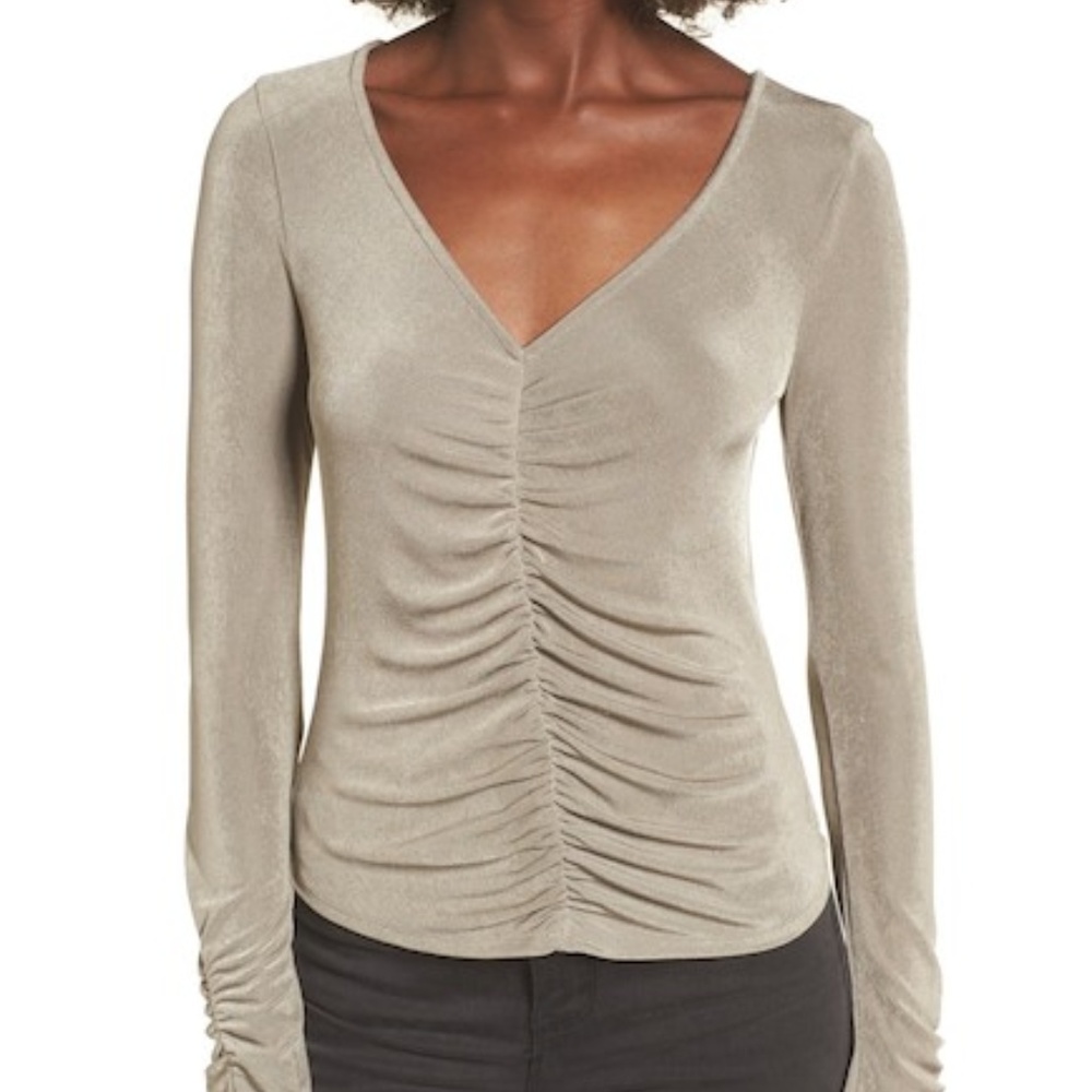 NWT Ten Sixty Sherman Ruched Shimmer Shirt Taupe S